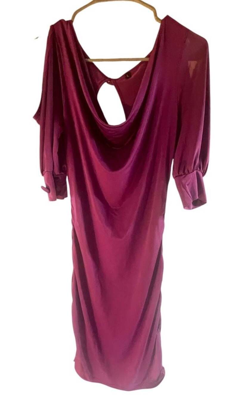 Burgundy Satin Cowl-Neck Cold-Shoulder Midi Dress with Ruched Sides